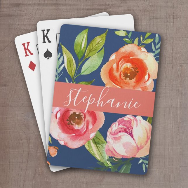 Anpassat Blommönster för målat vattenfärg Casinokort (Add a name or monogram to these personalized playing cards.)