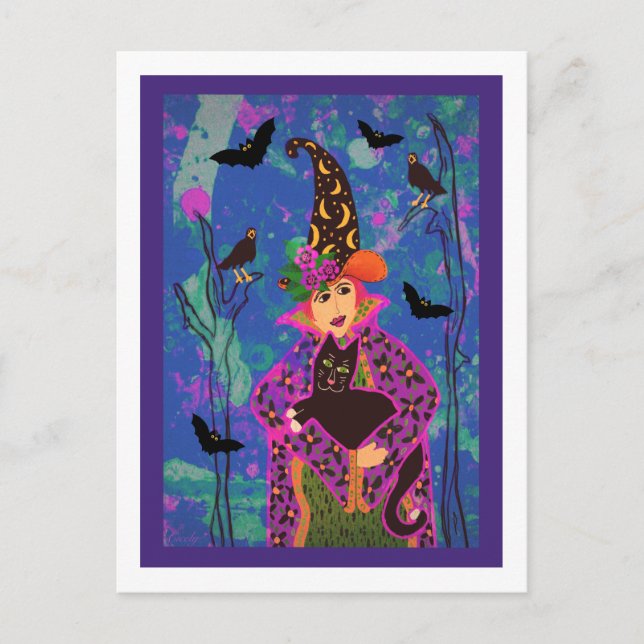 Anpassat Crazy Cat Witch Halloween-vykort Vykort (Framsida)