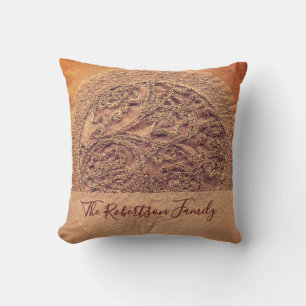 Anpassat familjenamn Boho Floral Retro Bränt Orang Kudde