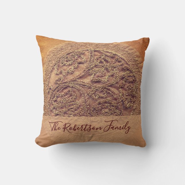 Anpassat familjenamn Boho Floral Retro Bränt Orang Kudde (Framsida)