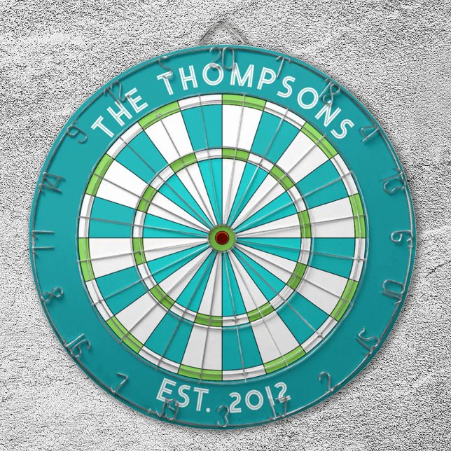 Anpassat familjenamn Tealblå vit Dartboard Darttavla (a modern teal and white dart board. Great for a game room! personalize it with your name.)