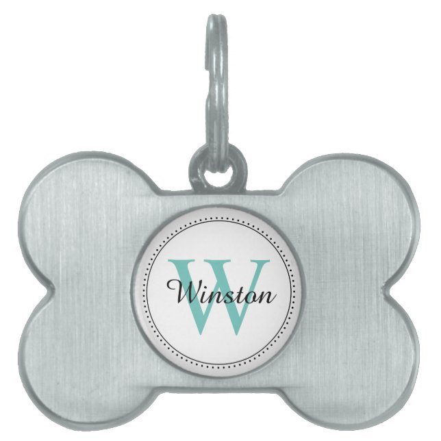 Anpassat husdjur namn Teal monogram vit ID-bricka Husdjur (Framsidan)