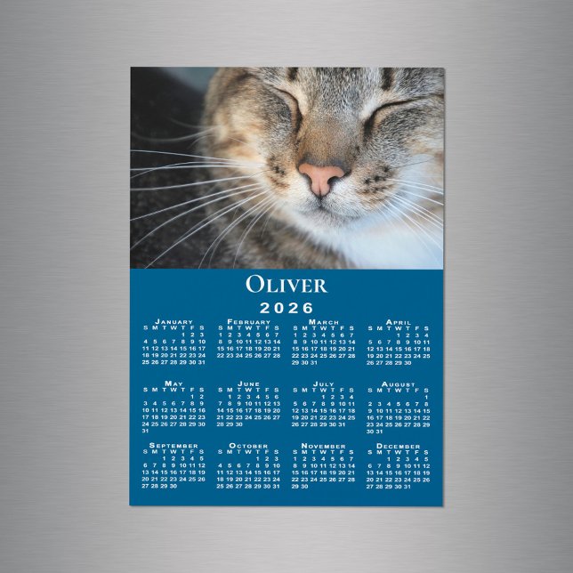 Anpassat husdjurs fotonamn 2026 Kalender Blå Magne (Custom Pet Photo Name 2026 Calendar Blue Magnet in situ)