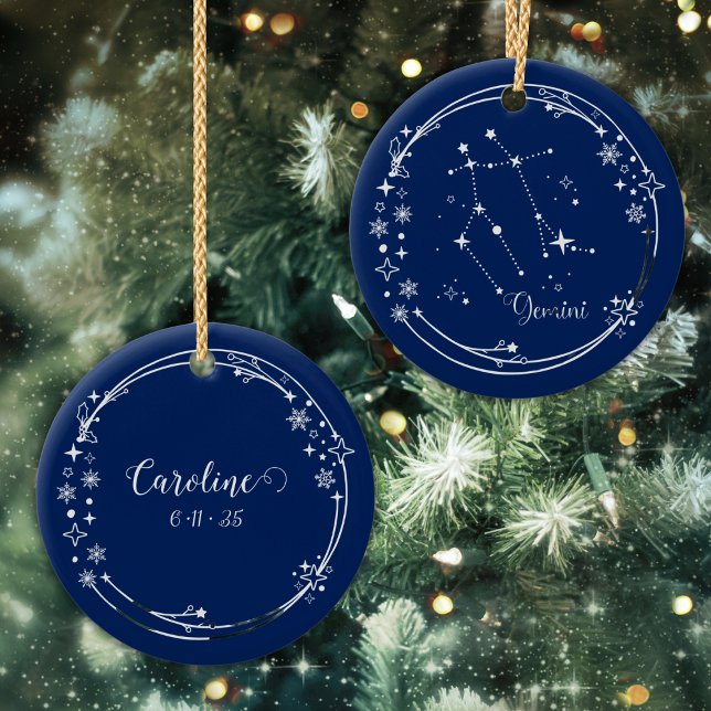 Anpassat julnamn Gemini Zodiac Blue Silver Julgransprydnad Keramik (Skapare uppladdad)
