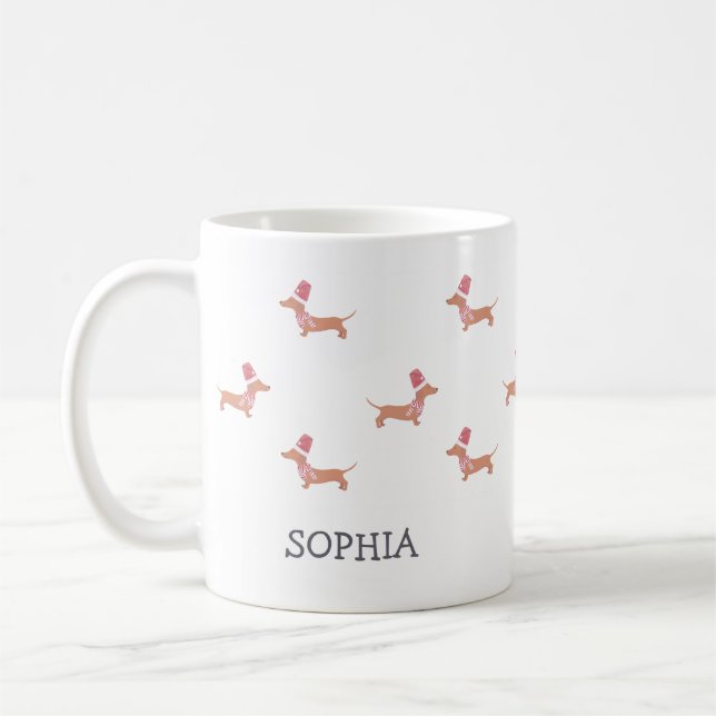 Anpassat julnamn Modern Dachshund Mönster Kaffemugg (Vänster)
