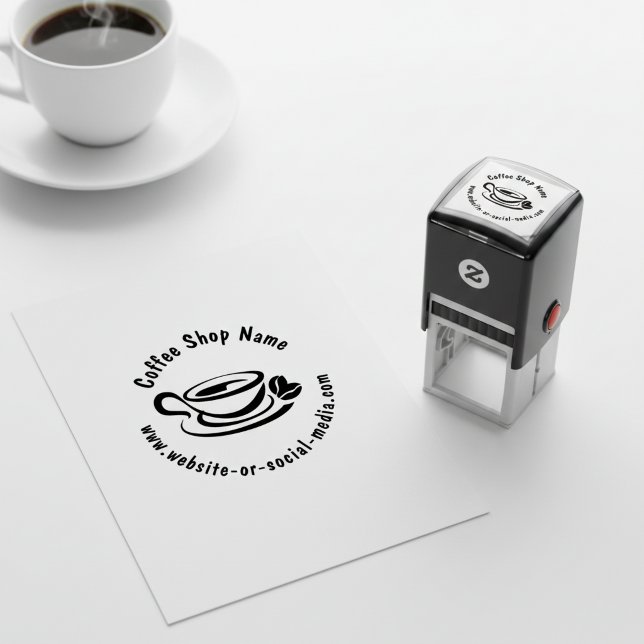 Anpassat kafé namn och webbplats självfärgande stämpel (Round promotional self inking stamp for a coffee shop.)