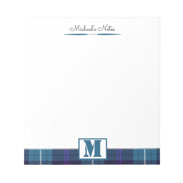 Anpassat manus Celadonblå rutig Tartan-monogram Anteckningsblock (Framsida)