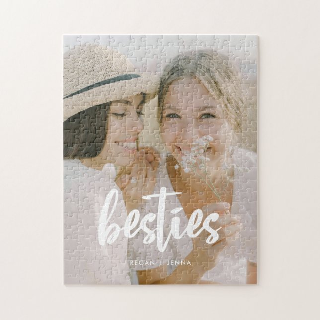 Anpassat minimalistiskt manus "Besties" Foto & Nam Pussel (Vertikal)
