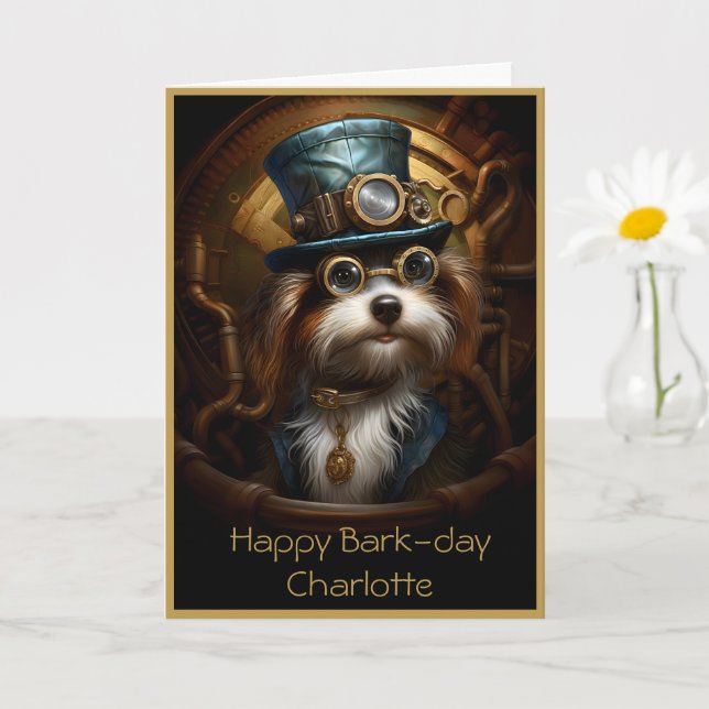 Anpassat namn 033-kort för Cute Birthday Steampunk Kort (Liten växt)