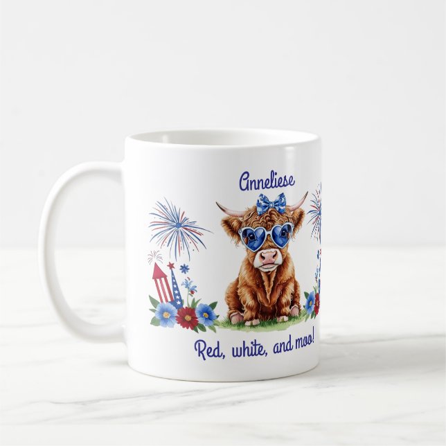 Anpassat namn 4:e juli Fireworks Cute Cow Funny Kaffemugg (Vänster)
