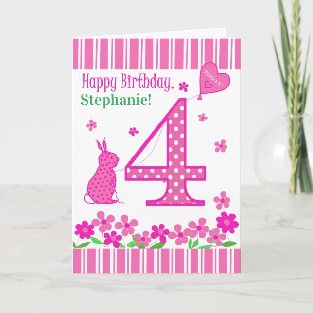 Anpassat namn 4e födelsedagen med Rosa Bunny-kort Kort (Framsida)