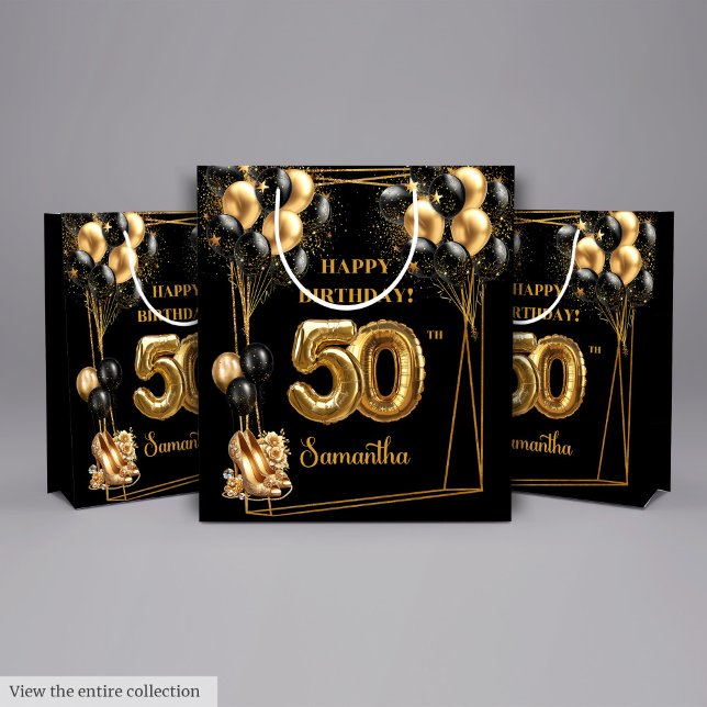 Anpassat namn 50:e födelsedag, svart Guld (Custom Name 50th Birthday Gift Bag Black Gold)