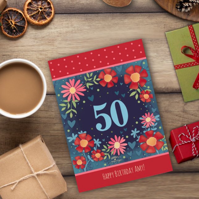 Anpassat namn 50:e födelsedagsblått Blommigt Kort (Skapare uppladdad)