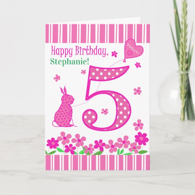 Anpassat namn 5:e födelsedagen med Rosa Bunny-kort Kort (Framsida)
