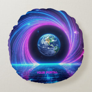 Anpassat Namn 80-tals Retro Neon Planet Portal Rund Kudde
