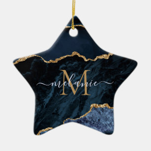 Anpassat namn Agate Navy Blue Guld Gemstone Marble Julgransprydnad Keramik