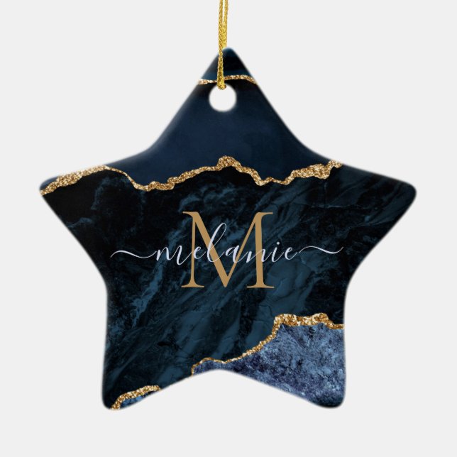 Anpassat namn Agate Navy Blue Guld Gemstone Marble Julgransprydnad Keramik (Framsidan)