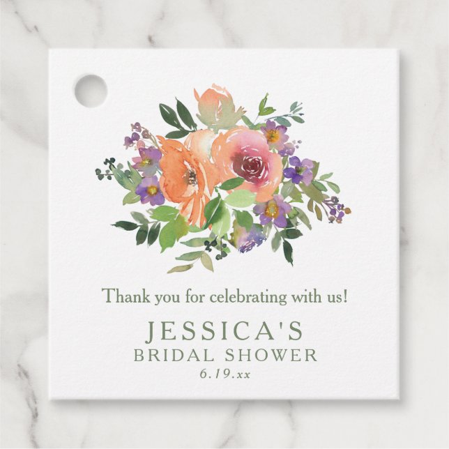 Anpassat namn akvarell orange blomster bröllopsdus gåvor etiketter (Framsida)
