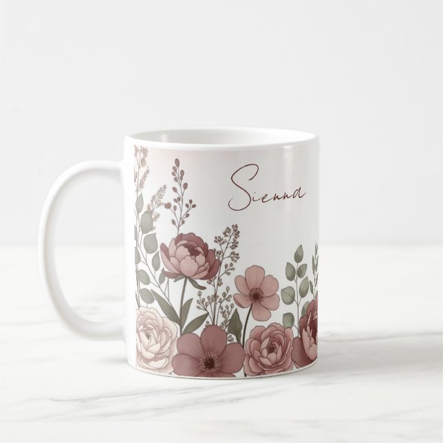 Anpassat Namn Akvarell Peony Botanisk Kaffemugg (Vänster)
