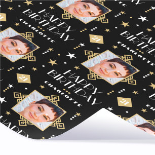 Anpassat namn - ålder Foto Art Deco Birthday Black Presentpapper