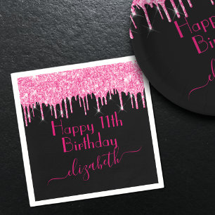 Anpassat Namn + Ålder Hot Pink Droppande Glitter S Pappersservett