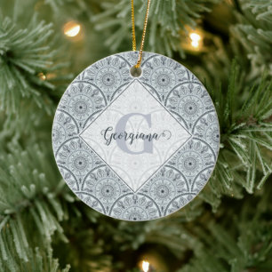 Anpassat namn Art Deco Blommigt Harmony Grått Mand Julgransprydnad Keramik