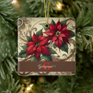 Anpassat namn Art nouveau jul Poinsettia Julgransprydnad Keramik