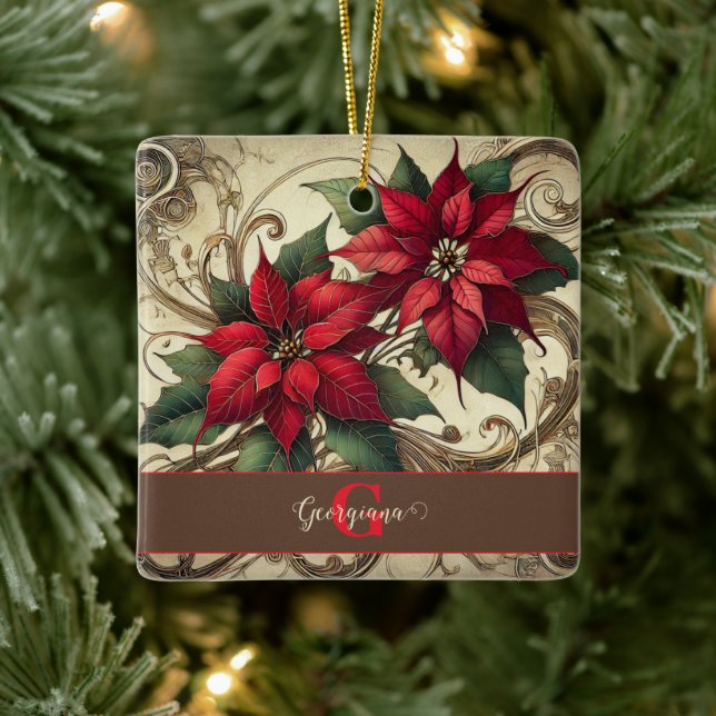 Anpassat namn Art nouveau jul Poinsettia Julgransprydnad Keramik (Träd)
