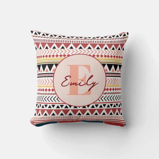 Anpassat namn Aztec Elegance Warm Red Ethnic Mönst Kudde (Framsida)