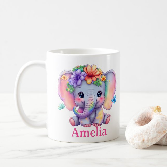 Anpassat namn Baby Elephant Blommigt Mugg, för Nie Kaffemugg (Med munk)