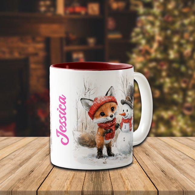 Anpassat namn Baby Fox och Snögubbe Två-Tonad Mugg (Skapare uppladdad)