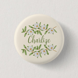Anpassat namn Badge Pin White Flowers Natural Girl Knapp