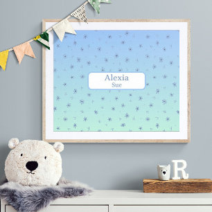 Anpassat Namn Barnkammar Dekoration Blå Blommor Poster