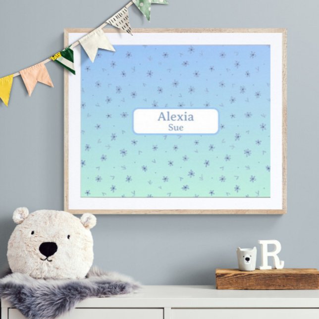 Anpassat Namn Barnkammar Dekoration Blå Blommor Poster (Customize name! Shown with white mat and wood frame. (you will receive print only) Thank you!)