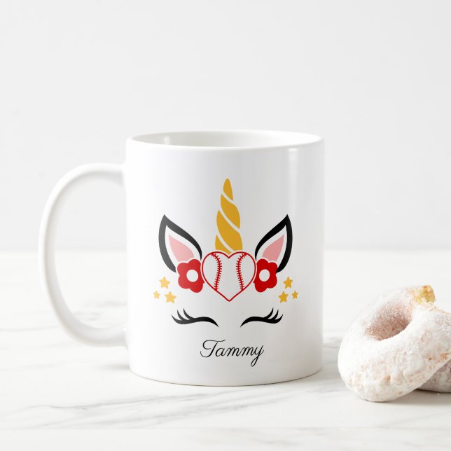Anpassat namn Baseball Unicorn Eyelash Kaffemugg (Med munk)