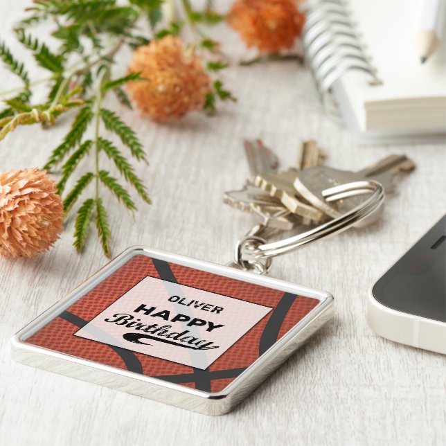 Anpassat namn Basketball Birthday Large Grunge Bol Fyrkantig Silverfärgad Nyckelring (Sidan)