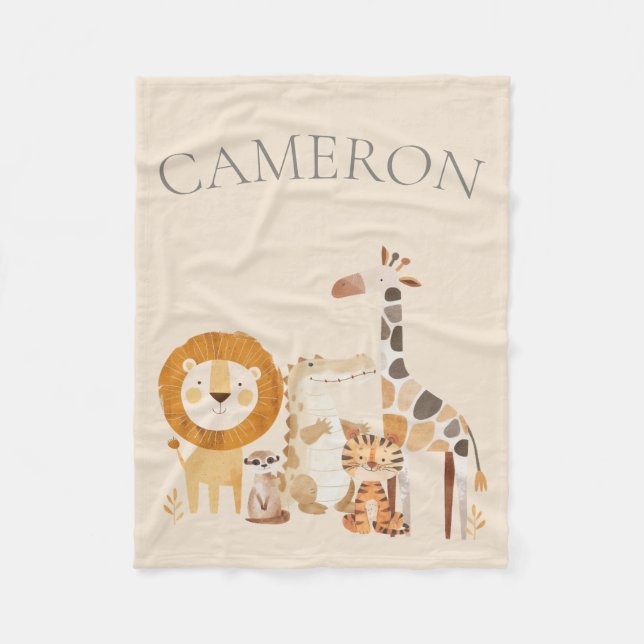Anpassat namn Beige för Cute Baby Zoo Animals Fleecefilt (Framsidan)