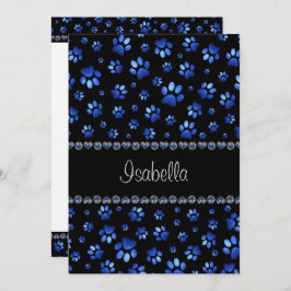 Anpassat namn, blå glitter hund tass inbjudningar