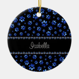 Anpassat namn, blå glitter hund tass julgransprydnad keramik