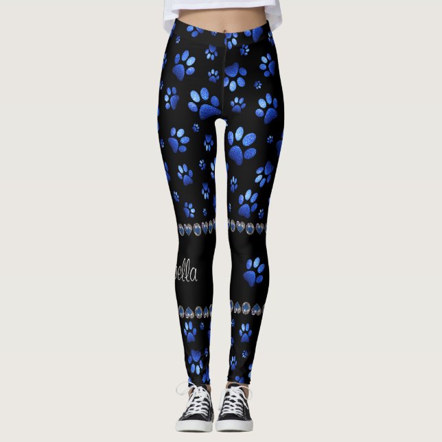 Anpassat namn, blå glitter hund tass leggings (Framsida)