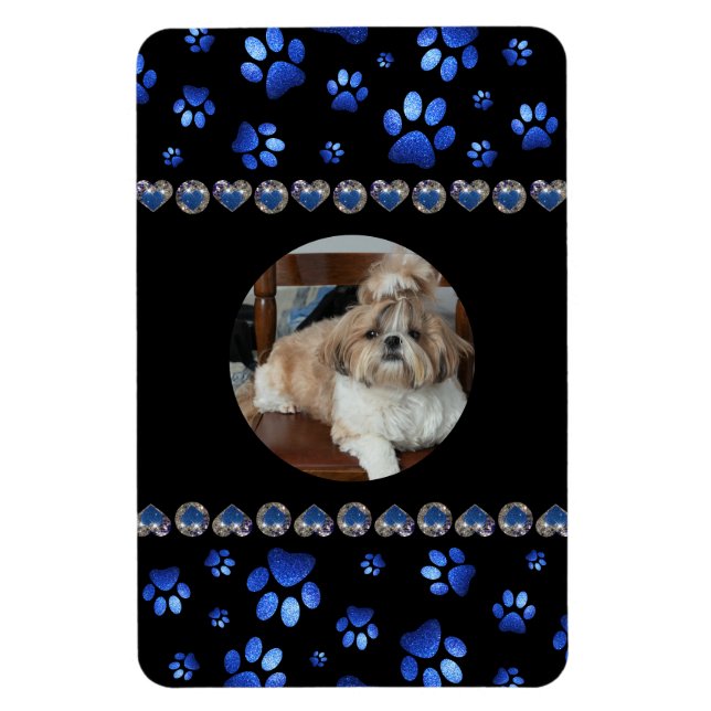 Anpassat namn, blå glitter hund tass magnet (Vertikal)
