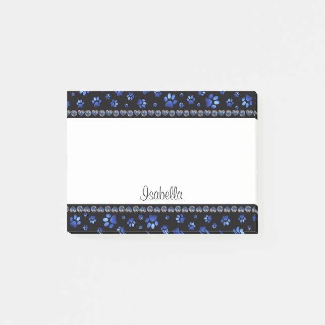 Anpassat namn, blå glitter hund tass post-it block (Framsida)