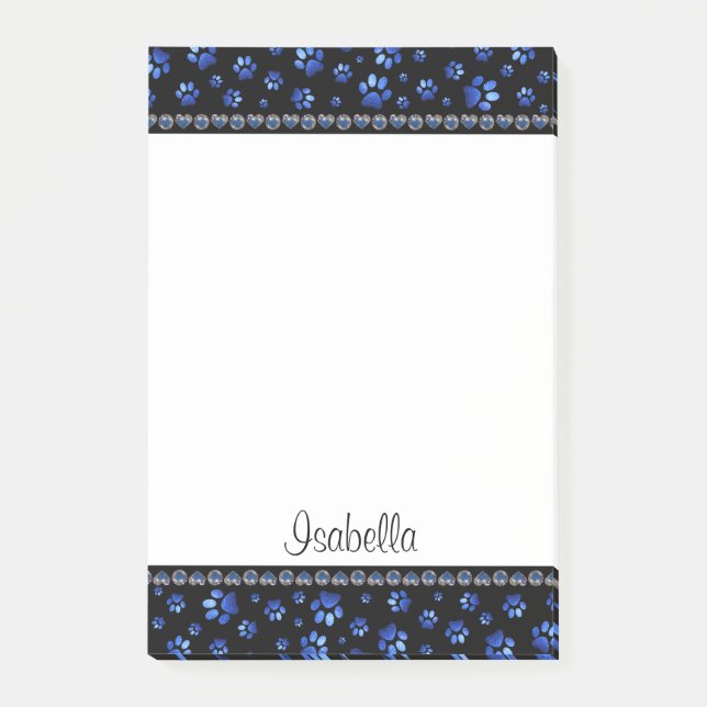 Anpassat namn, blå glitter hund tass post-it block (Framsida)