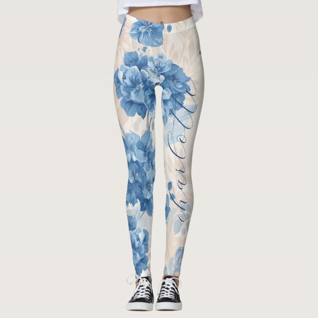 Anpassat Namn Blå Hortensia Botanisk Leggings (Framsida)