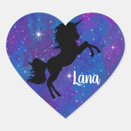 Anpassat namn Blå/Lila Galaxy Unicorn-etikett Hjärtformat Klistermärke