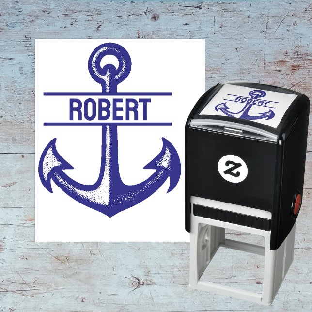 Anpassat namn Blå nautisk ankar förfärgad stämpel (Set Sail with a Personalized Name and Blue Anchor Self-Inking Stamp! ⚓️✉️)