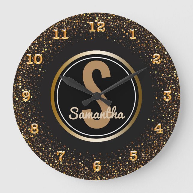 Anpassat namn Black och Guld Faux Glitter Stor Klocka (Framsida)