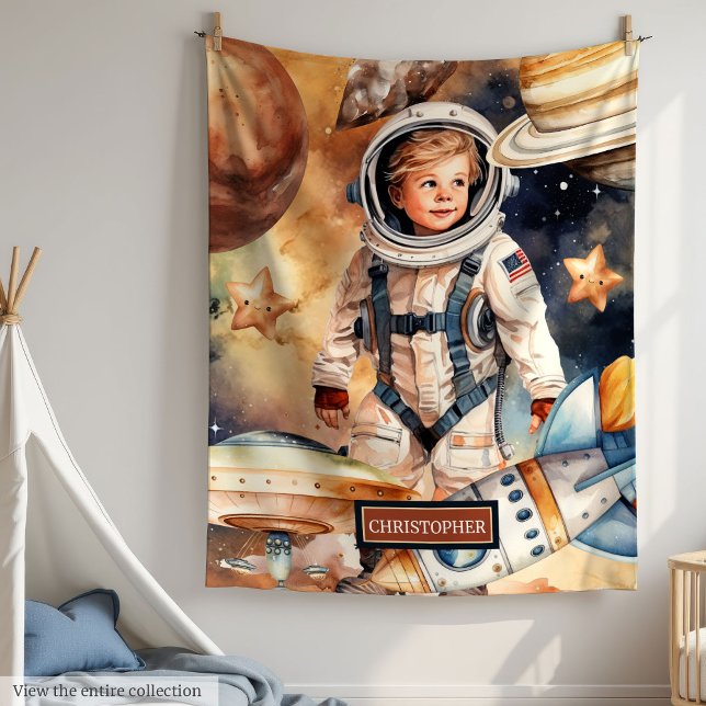 Anpassat namn Blanket med Stars Rocket och Planets Fleecefilt (Custom Name Blanket with Stars Rocket and Planets

)
