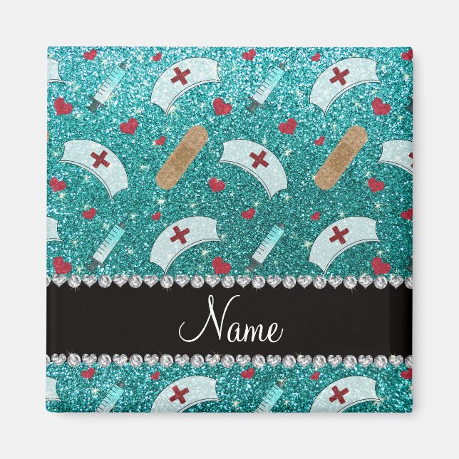 Anpassat namn Blått glitter-sjuksköterska med hjär Magnet (Framsidan)