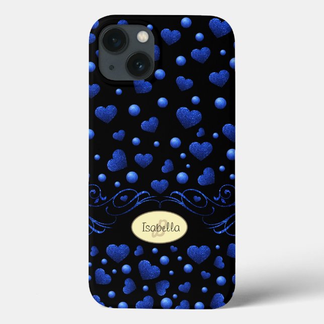 Anpassat namn, blått hjärta glitter mönster (Baksida)